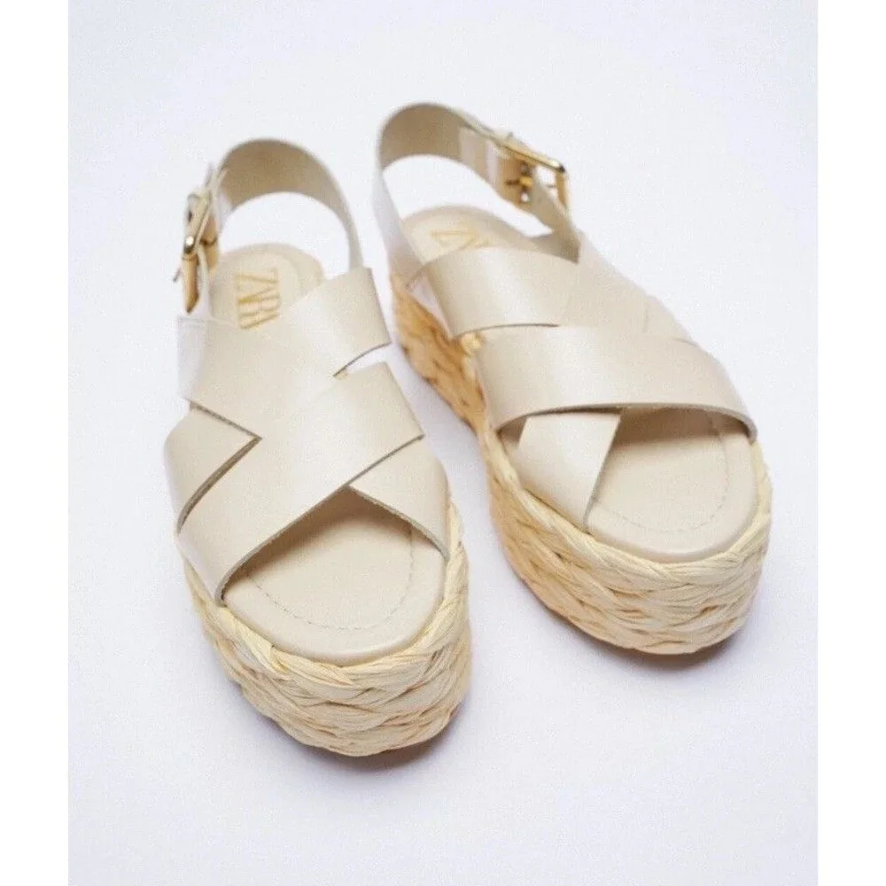 (S2)ZARA NEW CREAM Leather WOVEN BRAIDED STRAW PLATFORM SANDALS FESTIVAL Sz 39/8 - Picture 2 of 12